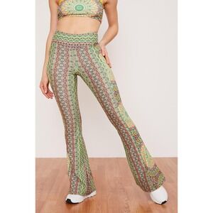Wolven Fauna Kaleidoscope Flare Leggings Green High Waist Festival Active Yoga L
